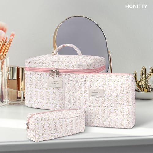 honitty Makeup Bag,Quilted Cosmetic Bags,Large Floral Make Up Organize bag,Makeup Bag Set for Women,Flower Travel Toiletry Bag - color: Pink flower