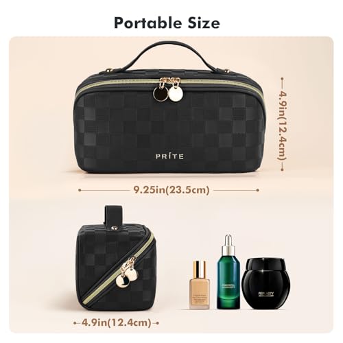 Prite Makeup Bag for Women Travel Waterproof Vegan Leather Cosmetic Bag Open Flat Toiletry Bag With Clear Divider and Handle (Plaid Black, Medium) - color: Plaid Black, size: Medium