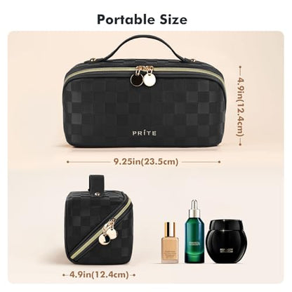 Prite Makeup Bag for Women Travel Waterproof Vegan Leather Cosmetic Bag Open Flat Toiletry Bag With Clear Divider and Handle (Plaid Black, Medium) - color: Plaid Black, size: Medium