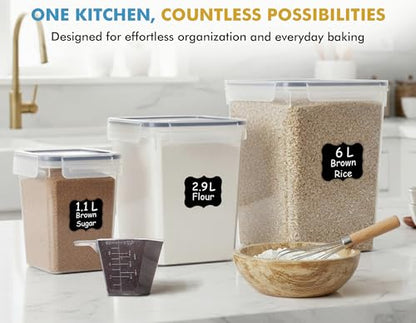 Shazo Flour Sugar Storage Containers Set of 3 (6L, 2.9L, 1.1L) Large Airtight Food Storage Containers with Lids, BPA-Free Plastic Container for Kitchen & Pantry Organizers, Cereal, Rice & Pasta