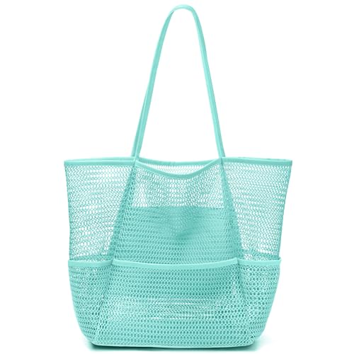 KPX Beach Bag with Mini Pocket, Summer Beach Tote Bags for Women Large Foldable Mesh Swimming Pool Travel Bags - Sandproof - color: Blue