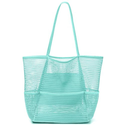 KPX Beach Bag with Mini Pocket, Summer Beach Tote Bags for Women Large Foldable Mesh Swimming Pool Travel Bags - Sandproof - color: Blue