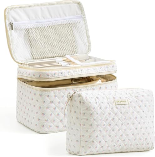 HBselect 2Pcs Travel Makeup Bag, Large Cotton Quilted Makeup Bag Cosmetic Bag Cute Make up Bag Toiletry Bags for Women Girls - color: 2PCS-FLOWER