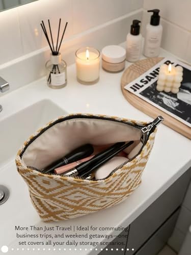 Parallel Checkered Embroidery Yellow Makeup Bag for Women Girls - Large Capacity Cosmetic Pouch | Travel Toiletry Bag & Purse Organizer - color: Plaid Yellow