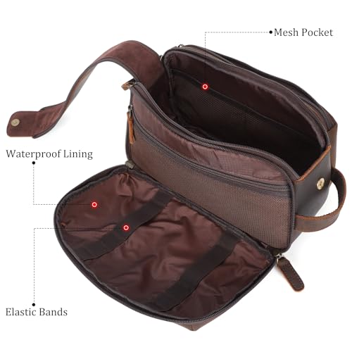 Polare Full Grain Leather Toiletry Bag for Men Large Travel Cosmetic Case Dopp Kit Shaving Kit Wash Pouch with YKK Zippers - color: Dark Brown