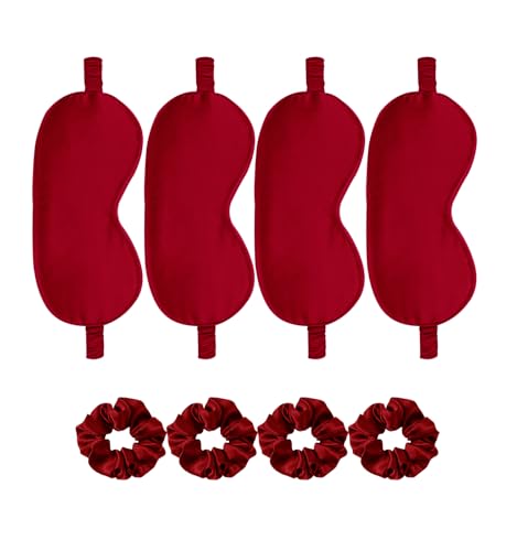 Satin Eye Mask 8Pcs Silk Sleep Masks Silky Blindfold Eyeshade Blackout Eyes Cover Scrunchies Hair Ties Travel Wedding Gifts - color: Dark Red