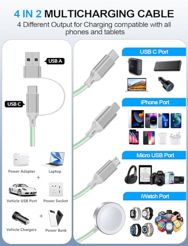 Travel Essentials,Multi Charging Cable for Apple Watch Charger/iPhone Charger/Samsung Charger,USB A & Type C Power Cable for iWatch Ultra/10-2/iPhone 17-11/Samsung S26,Serial Cables,Car[1.2M]-Green - color: 1-Green, size: 1.2M