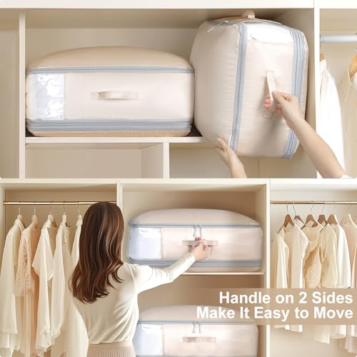 DIMJ Comforter Storage Bag - Large Capacity Ultra Space Saving Self Compression Organize for Duvet, Pillow, Bedding, Blanket Storage Organizer Nylon Compression Bags, Sheet Storage, Beige, 4 Pack - color: Beige, size: 110L x 4 Pack