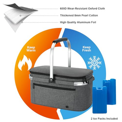 ALLCAMP Picnic Basket - 2 Ice Box Included 32L Insulated Cooler, Thickening Foldable Picnic Basket with Removable Baskets & Sewn-in Frame, Basket for House Warming Gifts New Home(Smoke Gray) - color: Smoke Gray, size: Large