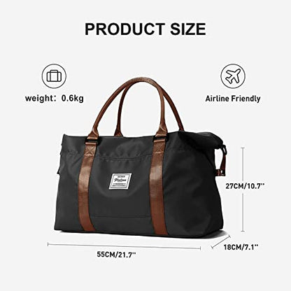 Sport Travel Duffle Bag Large Gym Tote Bag for Women, Weekender Bag Carry on Bag for Airplane, Ladies Beach Overnight Luggage Bag with Wet Pocket Black Large - color: Black with Brown Handle