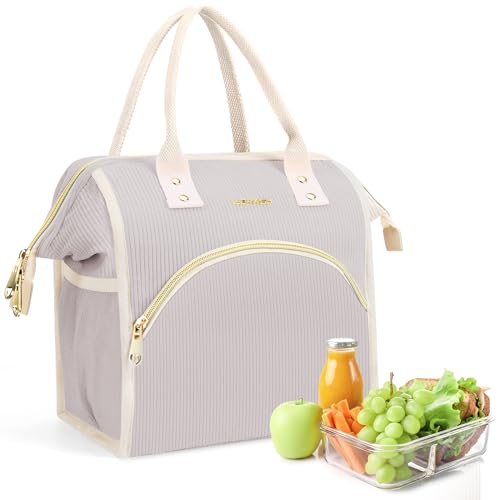 LOKASS Lunch Bag Women Insulated Lunch Box Wide-Open Lunch Tote Bag Large Cooler Bag for Work Picnic Hiking Beach（Light Gray） - color: Cream Gray