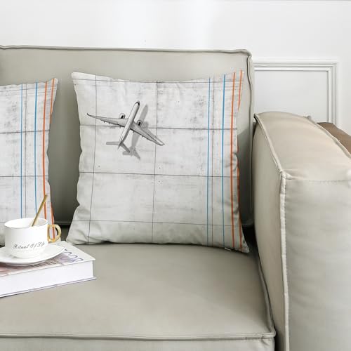 Vinatge Airport Airplane Pillow Covers 16x16 Set of 2, Comfy Simple Plain Printing Velvet Pillow Cases Kit with Zipper, Airline Pattern Decor Sofa Living Room - size: 16" x 16" (Pack of 2)