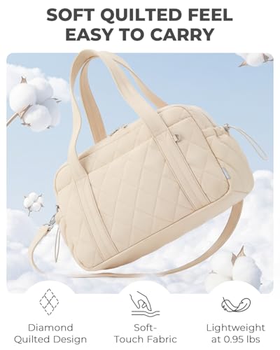 Percover Weekender Bag for Women, Ultra Lightweight Travel Duffle, Carry On Personal Item Overnight Bag with Toiletry Pouch & Compartments, Quilted Gym & Travel Bag, Ivory Beige - color: Ivory Beige