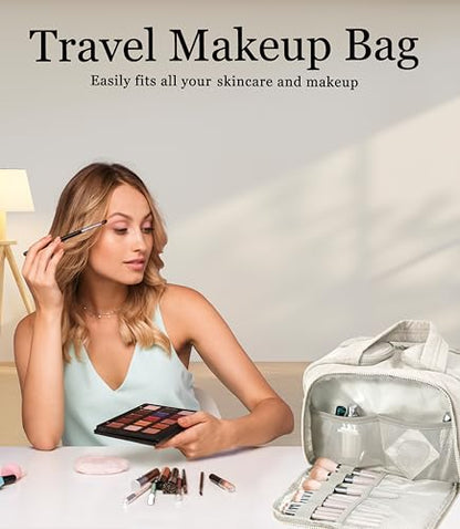 Travel Toiletry Bag for Women, Large Wide-open Puffy Cosmetic Makeup Bag with Wet-Dry Separation, Multi-Pocket Organizer with Carry Handle for Toiletries, Cosmetics, Essentials, Beige - color: Beige
