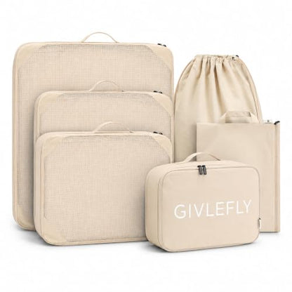 GIVLEFLY Compression Packing Cubes for Travel, 6-Piece Lightweight Luggage Organizer Bags, Space Saving Suitcase Packing Set for Women - color: Beige