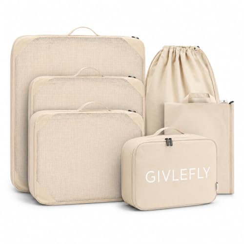 GIVLEFLY Compression Packing Cubes for Travel, 6-Piece Lightweight Luggage Organizer Bags, Space Saving Suitcase Packing Set for Women - color: Beige