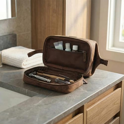 LEATHER VILLAGE Genuine Leather Dopp Kit – Large Travel Toiletry Bag with Waterproof Lining, Dual-Zip Design for Men & Women, Organizer for Shaving, Makeup & Essentials - Brown - color: Brown