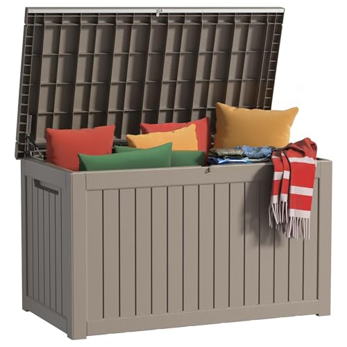 Deck Box - 280 Gallon Large Outdoor Storage box,Waterproof Patio Furniture and Storage Deck - Lockable and UV Resistant, Perfect for Pool and Outdoor Use, Weatherproof Resin, Lockable (Light Brown) - color: Grey, size: 280 Gallon