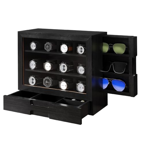 AUTOARK Wooden Watch Sunglass Display Case,12 Watch Box with Jewelry Drawer,Watch Eyeglass Holder with Window,Vertical Storage,Gift Idea,Black,AW-184 - color: Black