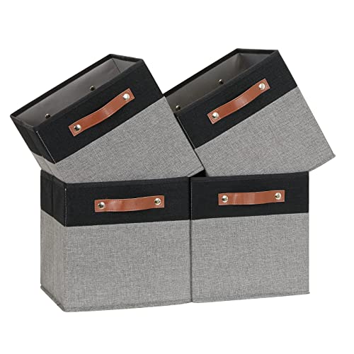 Temary 11 x 11 Cube Storage Bins Fabric Storage Cubes for Shelf, Closet, 4 Pack Cube Basket for Clothes, Storage Cube Bins with Leather Handles(Black&Grey) - color: Black&Grey, size: 11×11×11