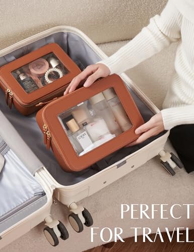 Popvibe Clear Makeup Bag Travel Cosmetic Case Transparent Toiletry Bag with Zipper, Portable Make Up Organizer Traveling Compact Car Bag for Essentials - color: Brown, style: Dual Elegance
