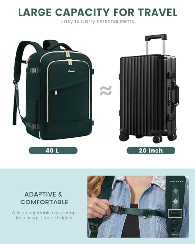 LOVEVOOK 40L Travel Backpack for Women, Carry On Flight Approved, Large Personal Item Bag, Fits 17 Inch Laptop, TSA Approved Luggage with 3 Packing Cubes, Waterproof Weekender Gym Backpack - color: Deepgreen, size: 40L