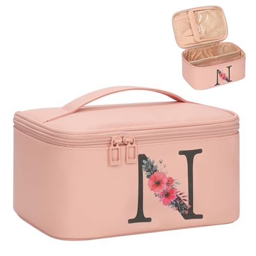 OCHEAL Initial Makeup Bag,Monogram Make up Bag Pink Travel Makeup Organizer Case Beauty Toiletry Cosmetic Bag with Brush Holder, Trendy Stuff Personalized Gifts for Women and Girls-N - color: Pink, style: N