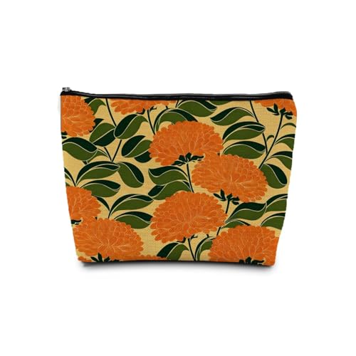 Retro Orange Floral Makeup Cosmetic Bag for Women, Mid Century Modern Boho 70s Flower Art Deco Portable Travel Toiletry Bag Zipper Makeup Pouch - color: Flower six