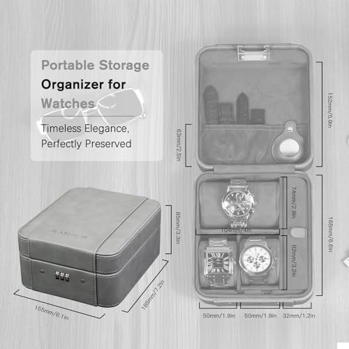 KAMIER Watch Case with Combination Lock - 4 Watch Storage and Jewelry Organizer - Watch Travel Case for Ring and Watch Storage, PU Leather Travel Watch Case, Ideal for Gift (With Gift Box), Grey - color: Grey