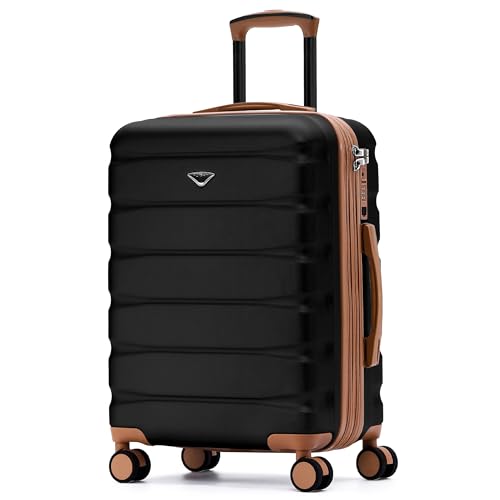 Flight Knight 24x16x10 Expandable Carry On Suitcase Hardside TSA Lock USB C Lightweight Luggage Silent Double Spinner Wheels Maximum Overhead Carry-On Bag For Virgin South West Approved Black/Tan - color: Black/Tan, size: 24x16x10"
