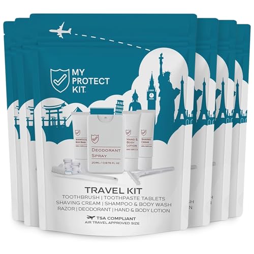 MY PROTECT KIT Travel Kit - 20 Pieces Travel Size Toiletries Set, Toothbrush, Shaver, Toothpaste Tablet, Shampoo & Body Wash, Shaving Cream, Lotion, Deodorant Spray, Pack of 6 - size: Travel Kit (Pack of 6)
