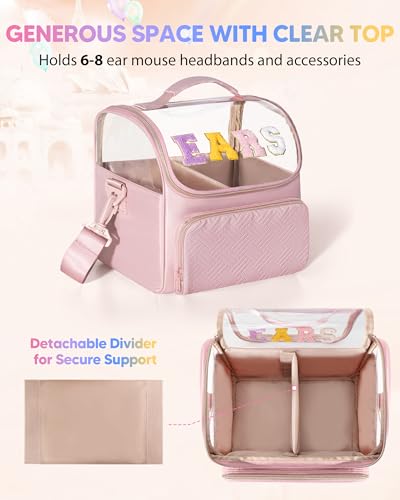 Mouse Ears Travel Case with Detachable Divider, Headband Holder Organizer Bag with Shoulder Strap, Chenille Letter Hair Accessories Storage Box, Pink with Gold Zipper - color: Pink-Gold Zipper