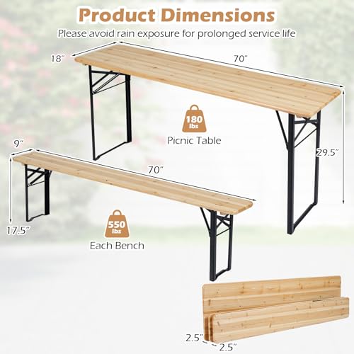 Tangkula 3 Piece Folding Picnic Table with 2 Benches, Foldable Wood Picnic Table Bench Set with Heavy-Duty Metal Frame for 6, Space-Saving Outside Table and Bench Set for Backyard, Patio, Garden