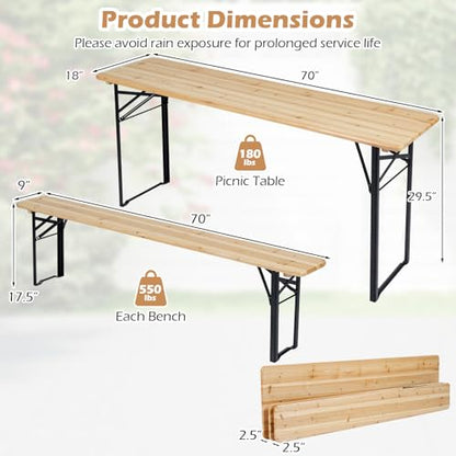 Tangkula 3 Piece Folding Picnic Table with 2 Benches, Foldable Wood Picnic Table Bench Set with Heavy-Duty Metal Frame for 6, Space-Saving Outside Table and Bench Set for Backyard, Patio, Garden
