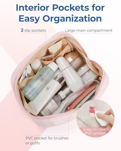 BAGSMART Makeup Bag, Travel Cosmetic Bag, Puffy Padded Make Up Bag for Women, Makeup Organizer Case, Wide-open Pouch Purse, Travel Essentials, Toiletries Accessories Brushes, Pink - color: A-Pink