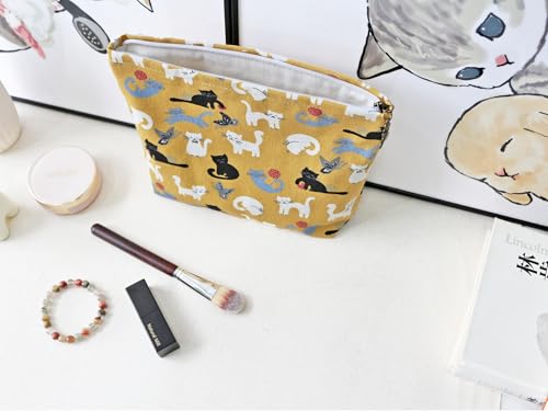 HAPPYHEIDI Canvas Pouch Travel Organizer, Brown Cats, Cotton Blend, Animal Print, Zipper Closure, 7.1x2.4x7 Inches - color: GR-Canvas-Brown Cats