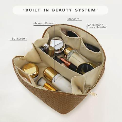 Travel Makeup Bag – Large Cosmetic Organizer with Waterproof PU Leather, Smooth Double Zipper & Tear-Resistant Lining, Toiletry Pouch for Women (Caramel) - color: 03-Caramel