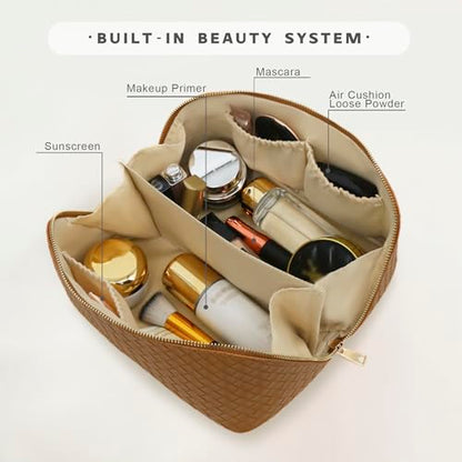 Travel Makeup Bag – Large Cosmetic Organizer with Waterproof PU Leather, Smooth Double Zipper & Tear-Resistant Lining, Toiletry Pouch for Women (Caramel) - color: 03-Caramel