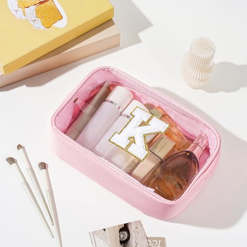 Personalized Initial Clear Makeup Bag Cosmetic Bags Travel Toiletry Bag Essentials Emergency Pouch Gifts for Girls Girlfriend Kids Birthday Graduation Teacher (Pink K) - style: K