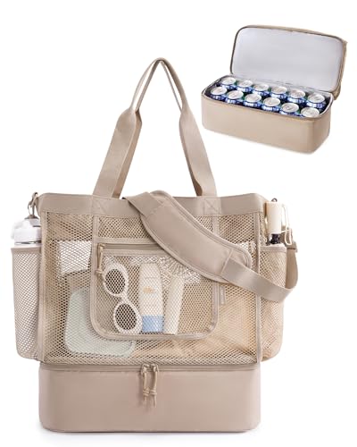 BAGSMART Beach Bag for Women, Mesh Tote Bags with Zipper, Sandproof Vacation Essentials with Cooler for Swim Cruise Pool - color: A-camel