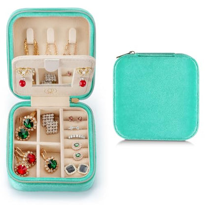 ZPROW Plush Velvet Travel Jewelry Case, Travel Jewelry Organizer, Jewelry Travel Case, Travel Jewelry Box, Small Jewelry Case, Jewelry Travel Box, Earring Organizer with Mirror - CyanBlue - color: Velvet 1 Pack - CyanBlue