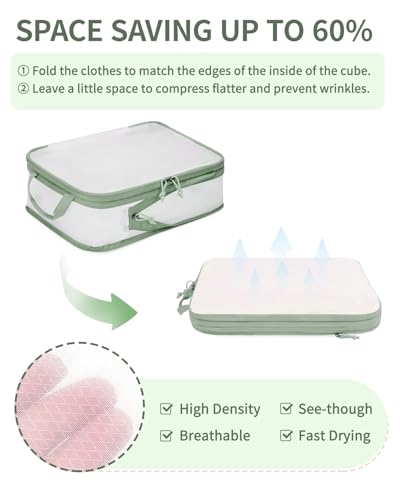 ECOHUB 6 Set Compression Packing Cubes, Lightweight Vacation Travel Essentials, Durable Travel Accessories for Suitcase Carry On Luggage Organizer Bags Set with YKK Zippers Shoe Bag, Green - color: Green