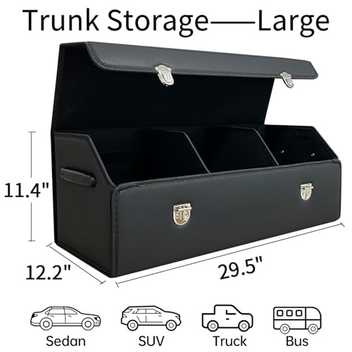 Car Trunk Organizer with Lid,Foldable Faux Leather Cargo Storage Box,3 Compartments,Collapsible Multi-Functional for SUV,Sedan,Vehicle Trunk - color: Black, size: Large