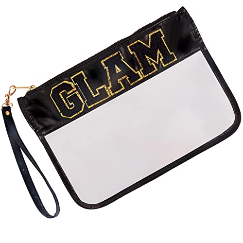 Iqimott Chenille Letter Bag Clear Flat Pouch, Monogram Glitter Letter Patch Makeup Cosmetic Bag Zipper Toiletry Pouch, Portable Travel Beach Snack Wristlet Bag for Women Girls(Black) - color: Glam-Black