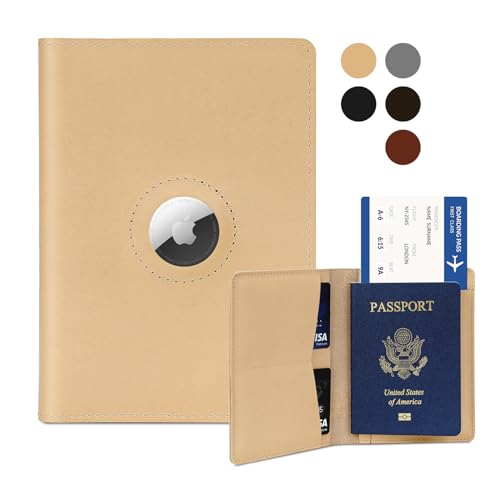 Airtag Passport Holder for Men and Women Travel, Real Leather Passport Wallet, Handmade Passport Cover Case with Airtag Slot, Travel Must Haves Essentials Accessories Birthday Gifts(Crazy Horse,Beige) - color: Beige
