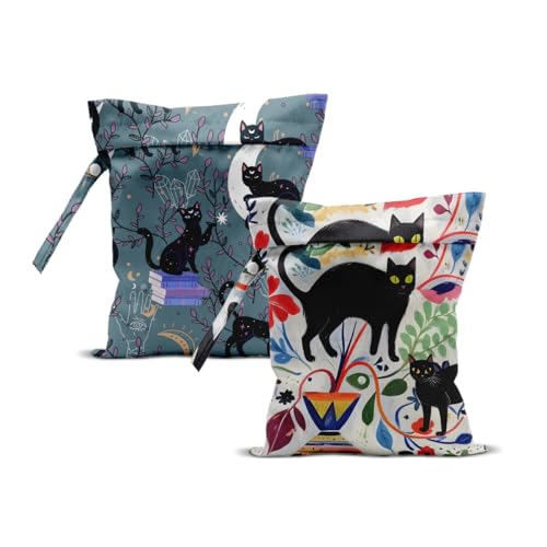 2Pcs Cat Wet Bag 12x10 Inch, Plants Waterproof Reusable Wet Dry Bag, Book Moon Washable Travel Laundry Bags for Swimsuit Pool Beach Diapers Dirty Yoga Gym Clothes, Cute Cat Gifts for Women Friend - color: Multicolor 1337