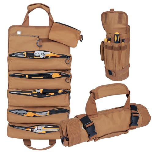 Portable Foldable Roll Up Tool Bag, Heavy Duty Tool Organizer Bag with 5 Compartments & 2 Detachable Pouches for Tools Storage, Waterproof Tool Roll Bag for Dad Men Electrician Mechanic Gifts - color: Brown
