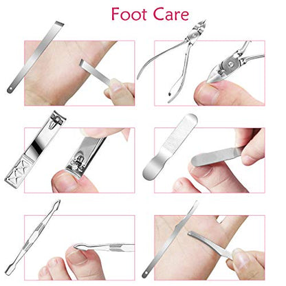 Teamkio 18pcs Manicure Set Pedicure Nail Clippers Set Travel Hygiene Kit Stainless Steel Professional Cutter Care Set Scissor Tweezer Knife Ear Pick Tools Grooming Kits with Leather Case - color: Pink