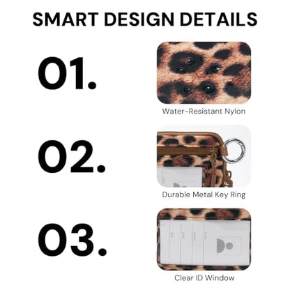 YDF The Small Wristlet Wallet for Women - Water-Resistant Nylon Coin Purse with Clear ID Window, Detachable Wrist Strap & Keychain, Everyday Carry Card Case Pouch - color: Cheetah Print