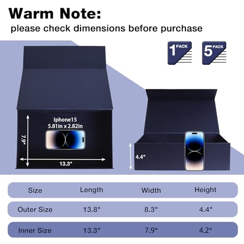 LFBOX Navy Blue Gift Box with Magnetic Lids 13.8x8.3x4.4 in, Bridesmaid Groomsman Proposal Box, Large Rectangle Storage Box 1 Pack - color: Navy Blue, size: 1 count (Pack of 1)